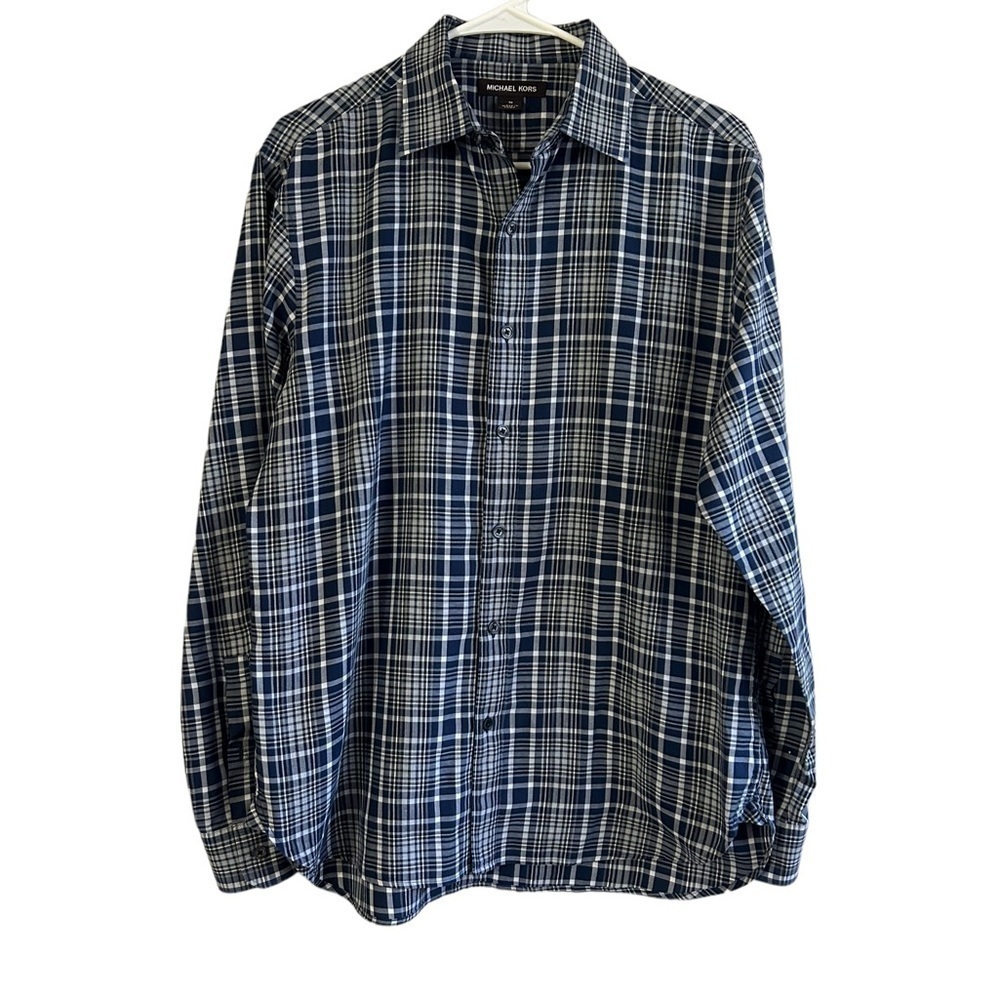 Michael Kors Blue and White Plaid Long Sleeve Button Up ~ Used ~ Size: MED​